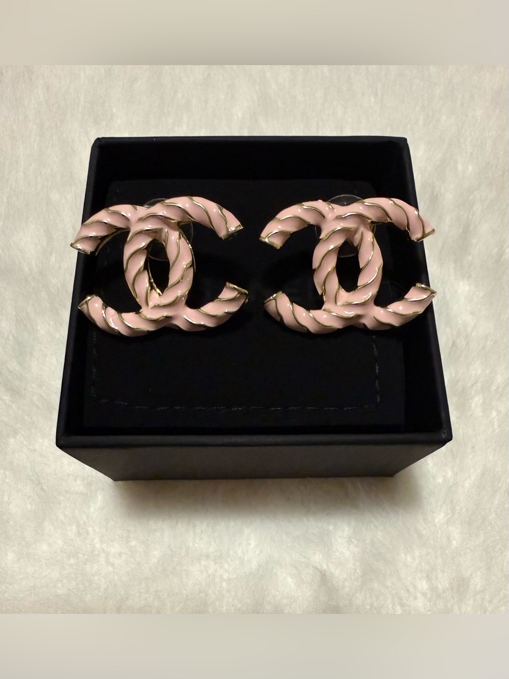 TWIST Soft Pink Enamel and Gold Braided Monogram Luxury Earrings